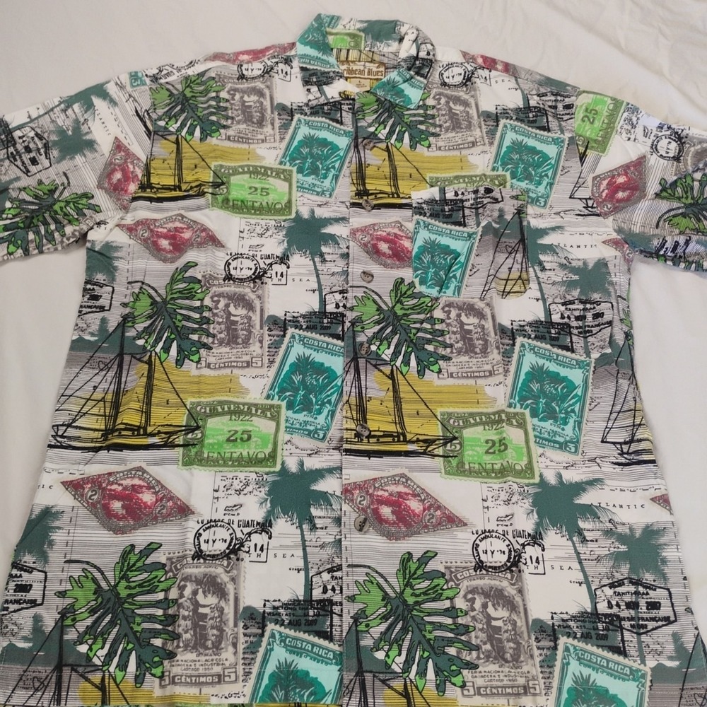 Caribbean Blues Mens‎ Large Hawaiian Vacation Button Up Shirt Short Sleeve - Picture 6 of 9